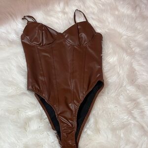Brown Faux Leather One-Piece Bodysuit for Kids
